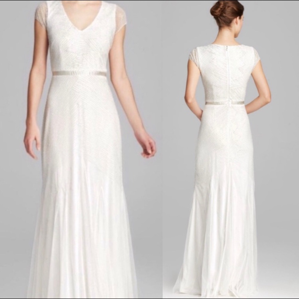 Beaded Floor Length Adrianna Papell Dress - Nude